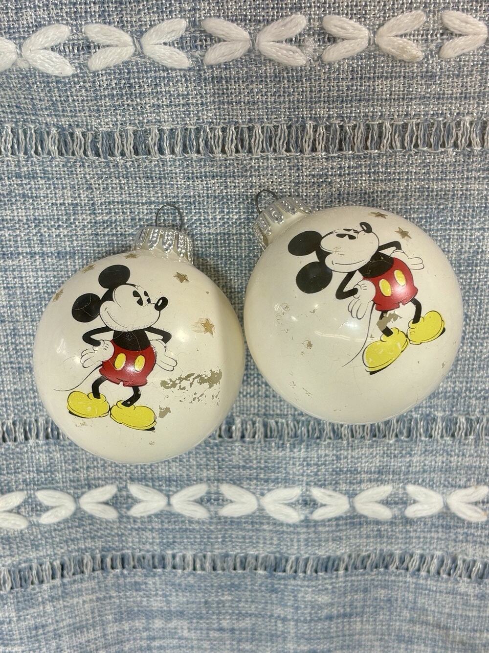 Vintage DBGM West Germany Mickey Mouse Glass Ornaments Pair Disney MCM Christmas